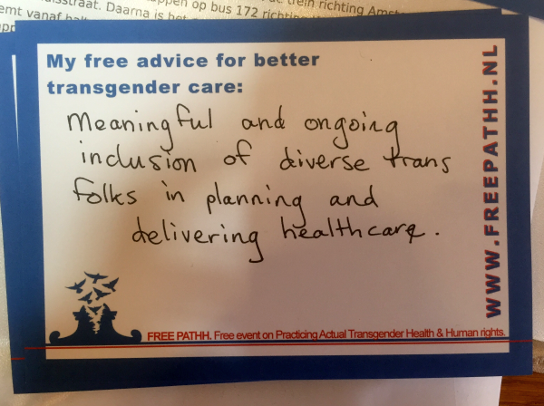Betekenisvolle en voortdurende integratie van diverse trans mensen in de planning en het leveren van gezondheidszorg.