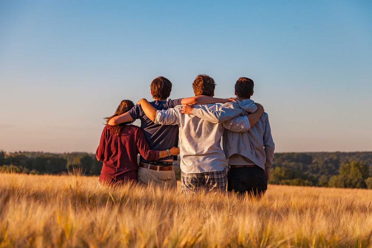 Vier jonge mensen die op een rij ​​naast elkaar staan, hun armen om elkaars schouders. Ze staan ​​met hun rug naar de camera, in een gras- of graanveld, schijnbaar naar de horizon kijkend. Op de achtergrond zien we een bos en een blauwe lucht, zonder wolken.